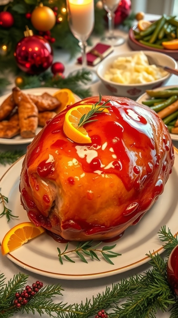 A honey glazed ham on a festive table, garnished with herbs and orange slices, with Christmas side dishes in the background.